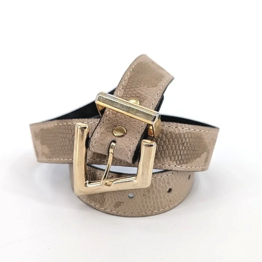 Tan Faux Snakeskin Belt Gold Angular Buckle Camo Print Textured Strap‎ 35in